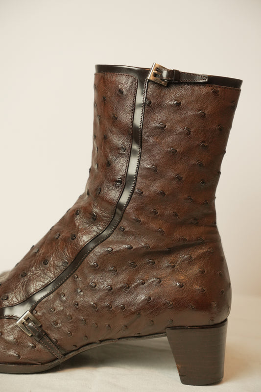 Prada Ostrich Brown Leather Boots Sz 8 SS2000