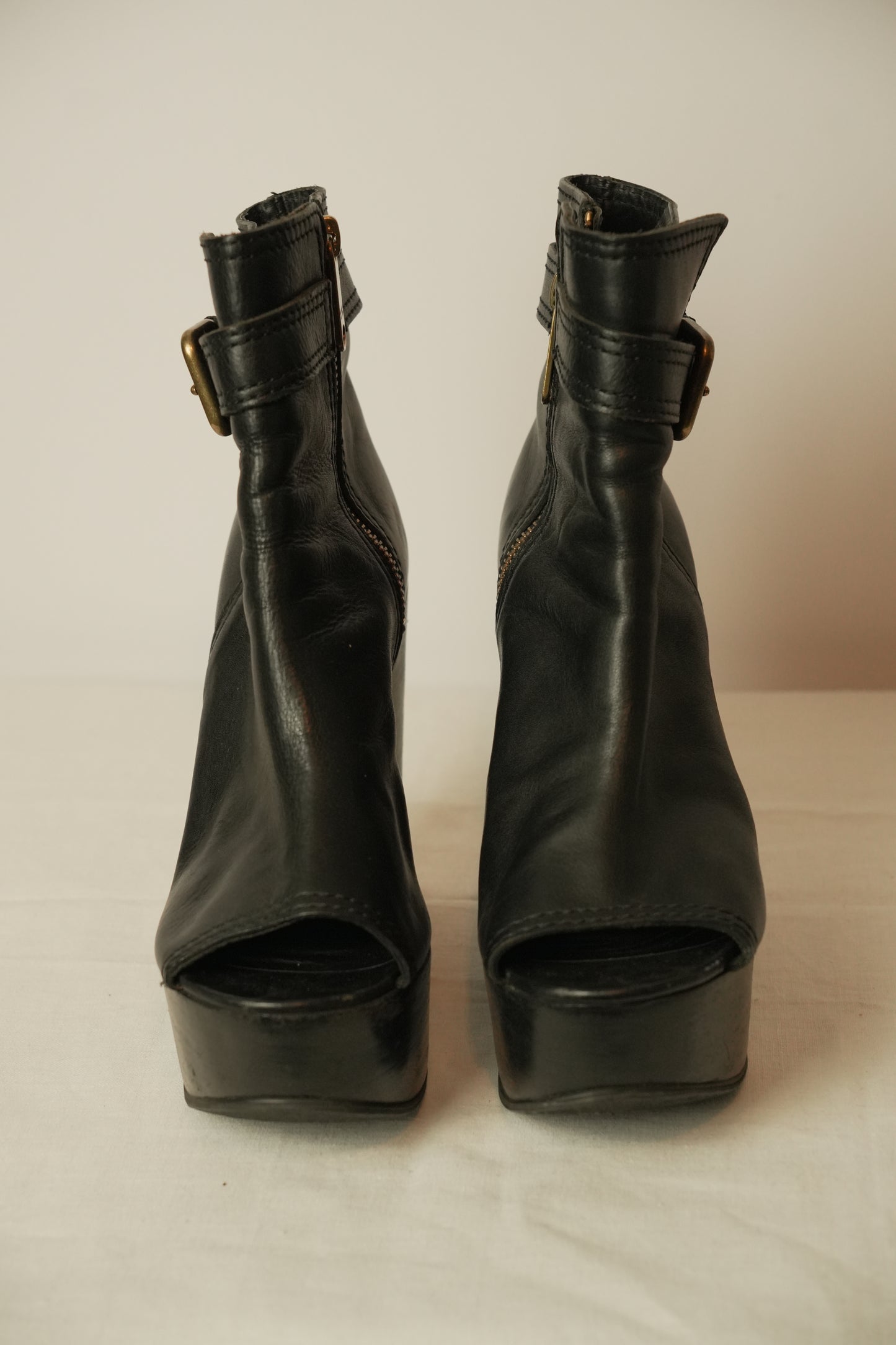 Burberry Peeptoe Leather Platform Wedges Sz 38