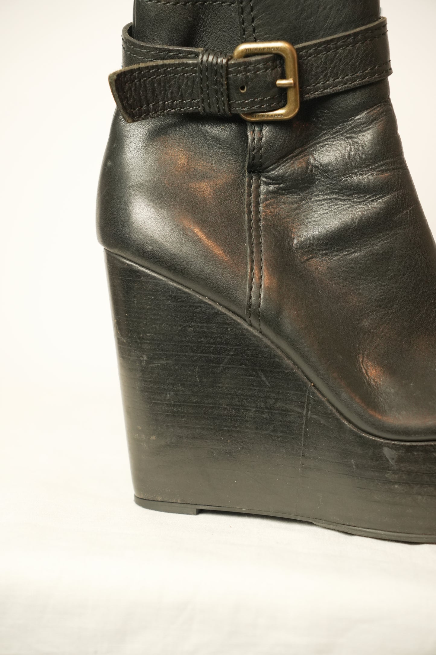 Burberry Peeptoe Leather Platform Wedges Sz 38