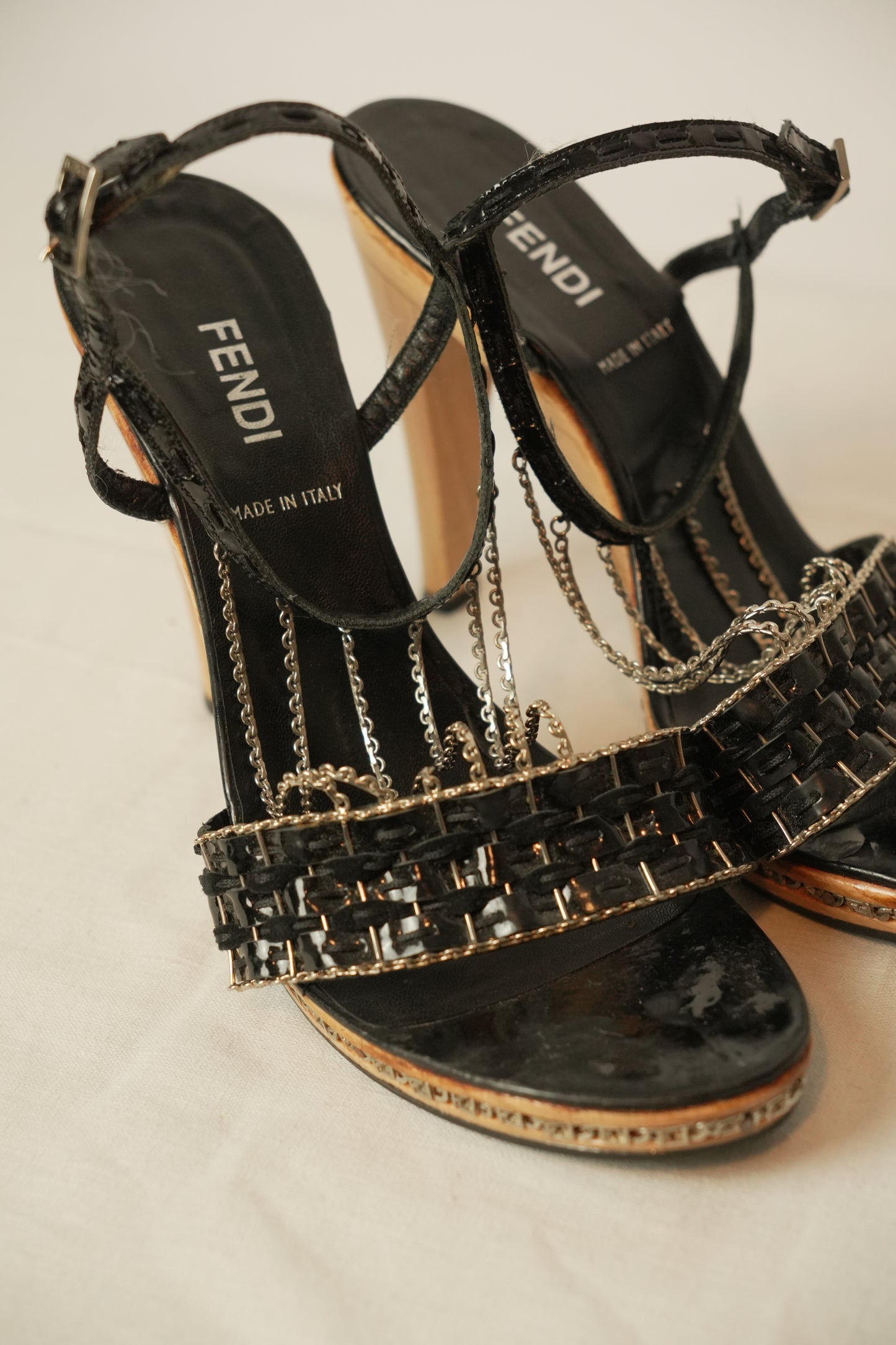 Fendi Chain Strap Heels w Metal Chain Logo Platform Sz37.5