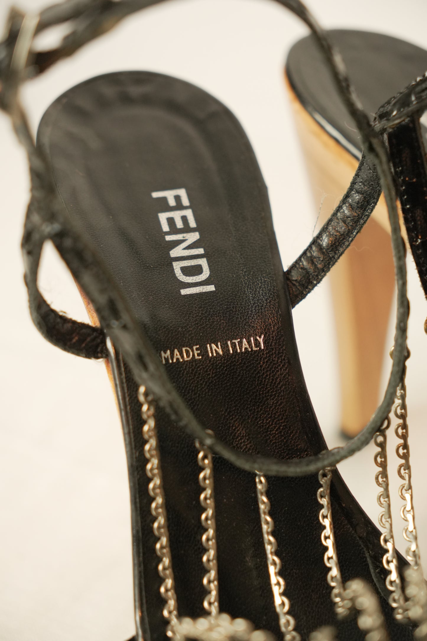 Fendi Chain Strap Heels w Metal Chain Logo Platform Sz37.5
