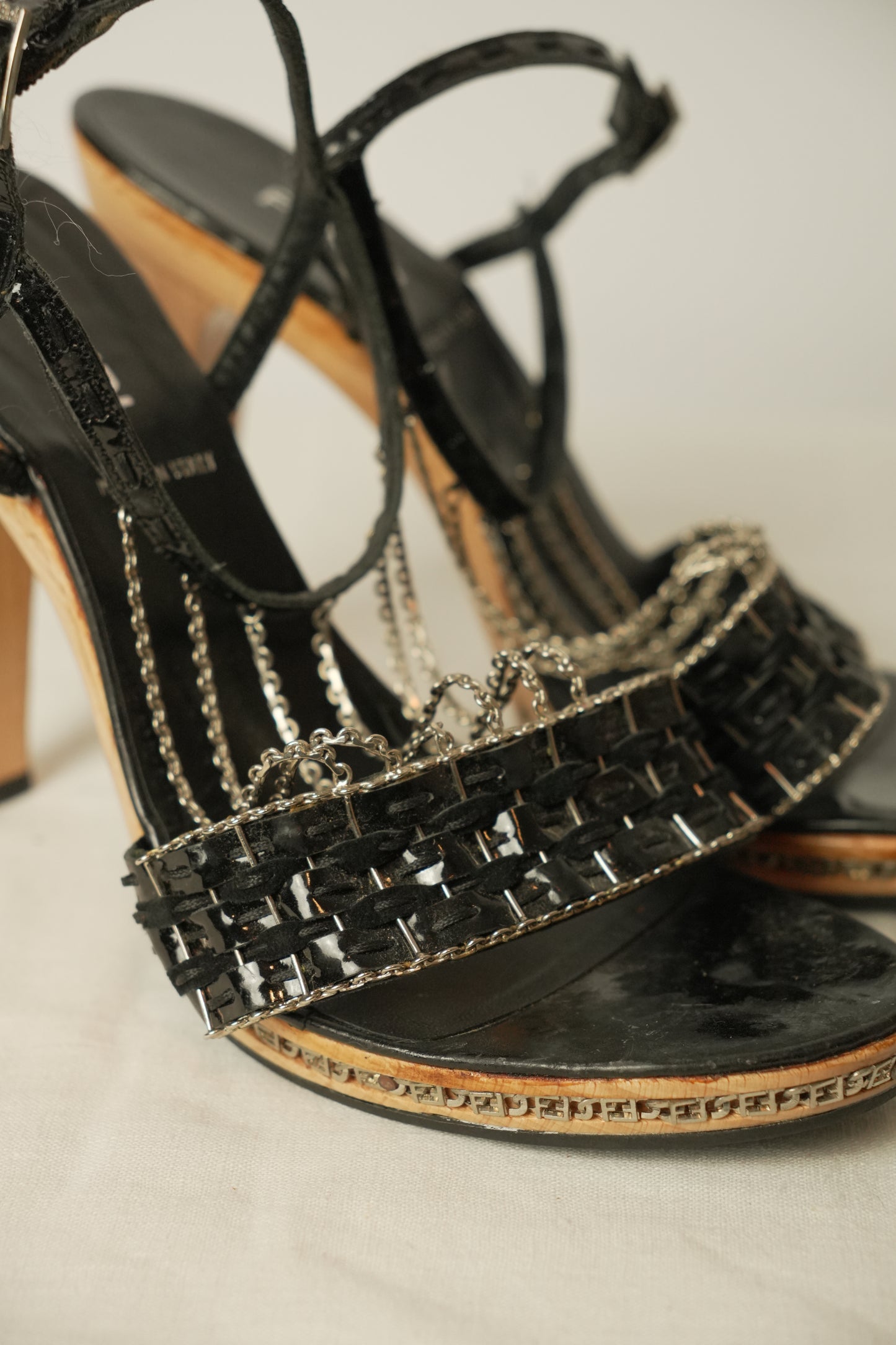 Fendi Chain Strap Heels w Metal Chain Logo Platform Sz37.5
