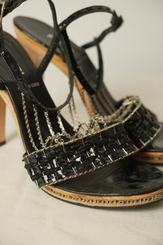Fendi Chain Strap Heels w Metal Chain Logo Platform Sz37.5