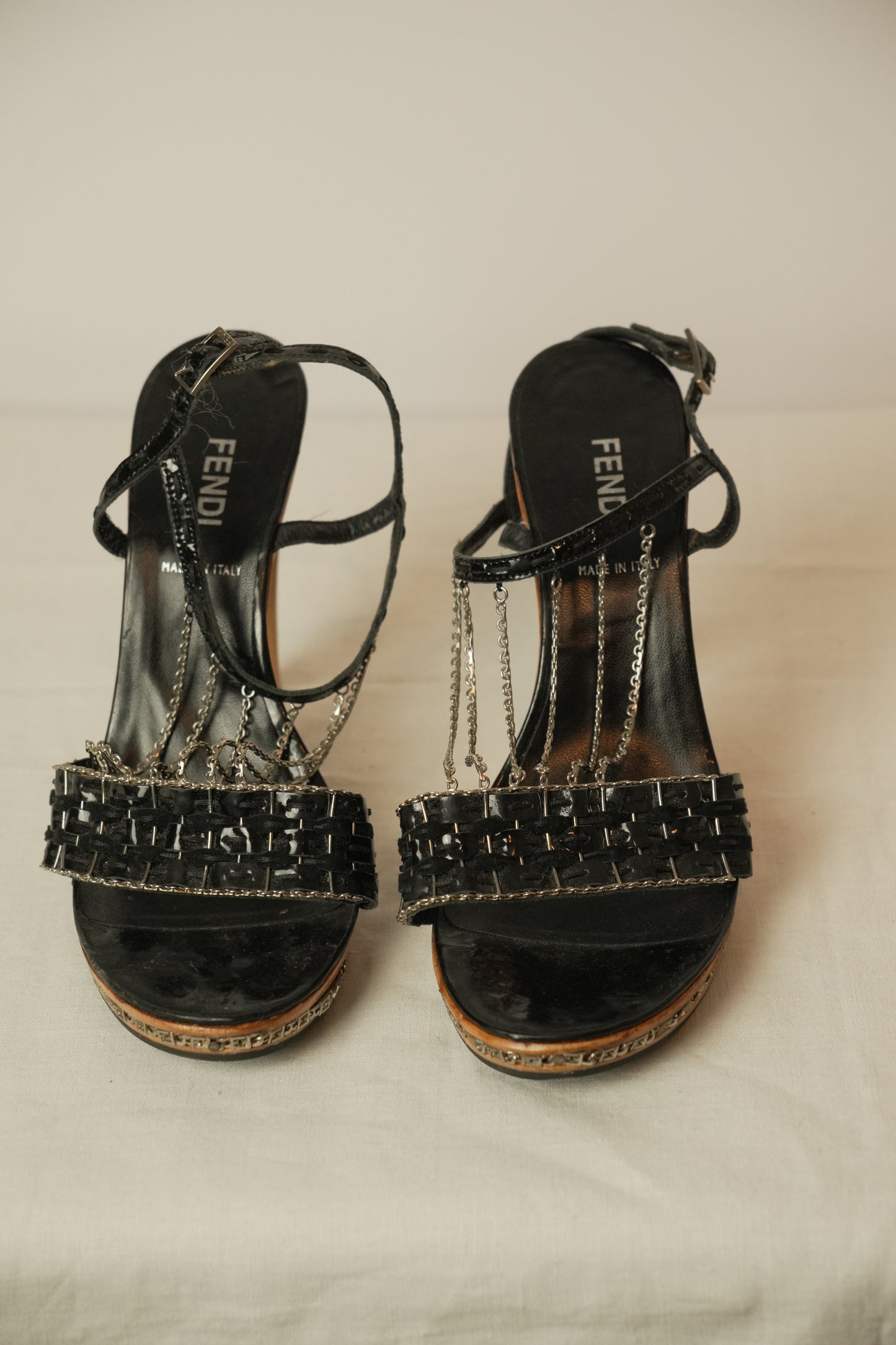 Fendi Chain Strap Heels w Metal Chain Logo Platform Sz37.5