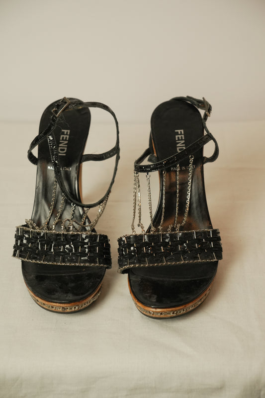 Fendi Chain Strap Heels w Metal Chain Logo Platform Sz37.5