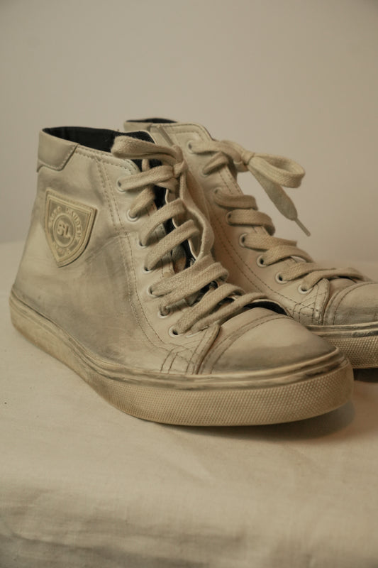 Saint Laurent High Top Distressed Leather Sneakers