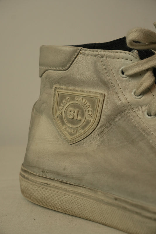 Saint Laurent High Top Distressed Leather Sneakers