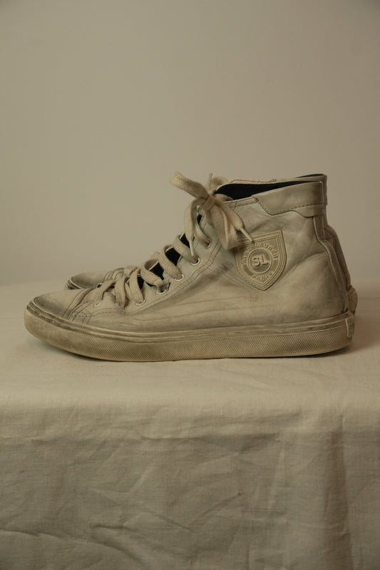 Saint Laurent High Top Distressed Leather Sneakers