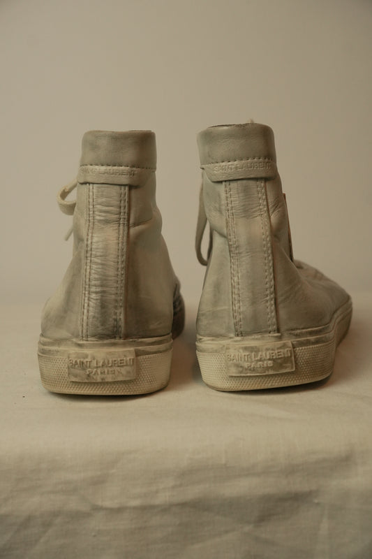 Saint Laurent High Top Distressed Leather Sneakers