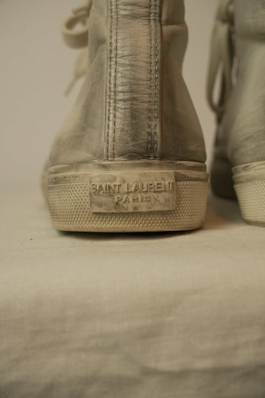Saint Laurent High Top Distressed Leather Sneakers