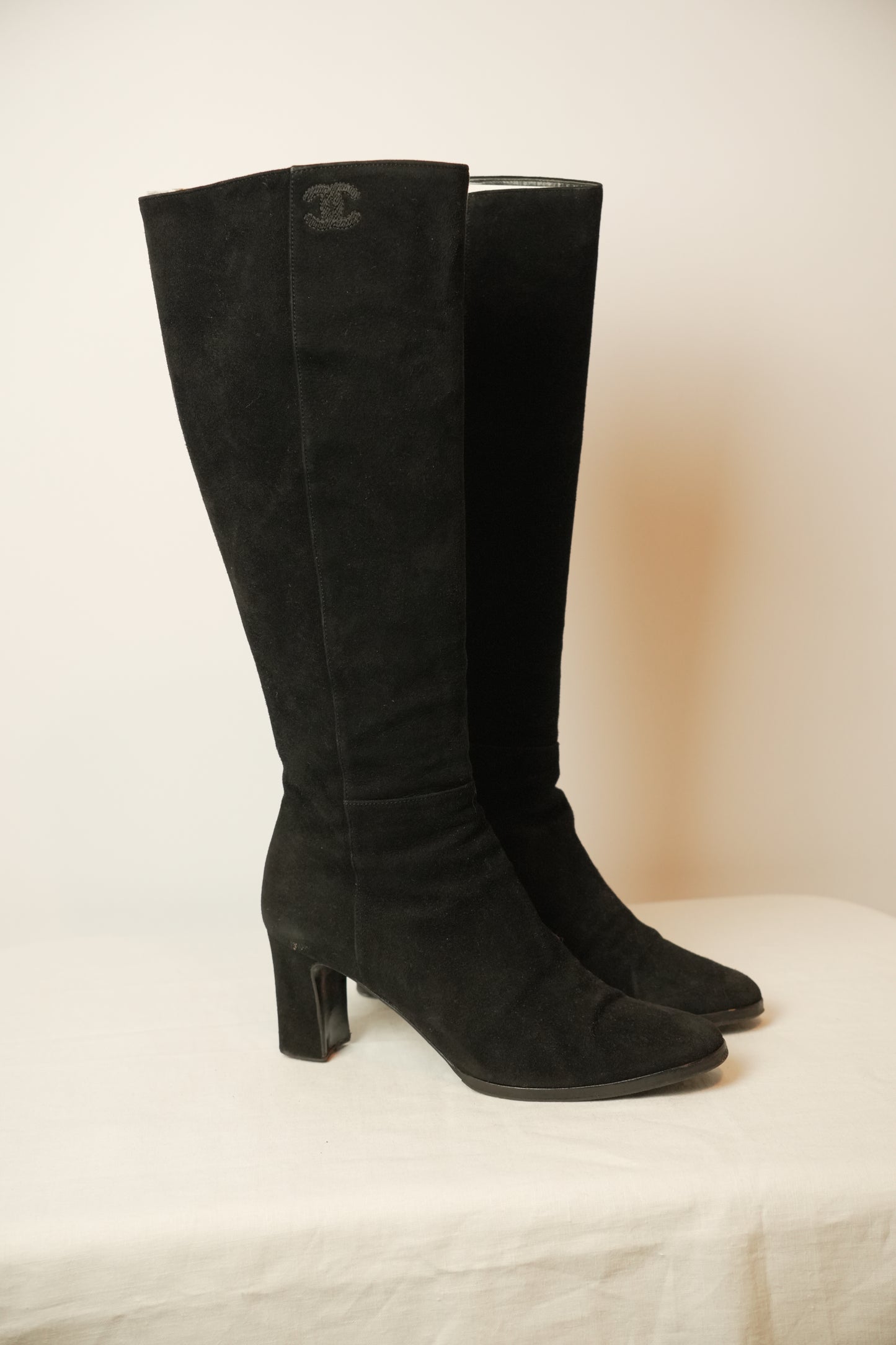 Chanel Suede Long Boots w Logo Sz 38
