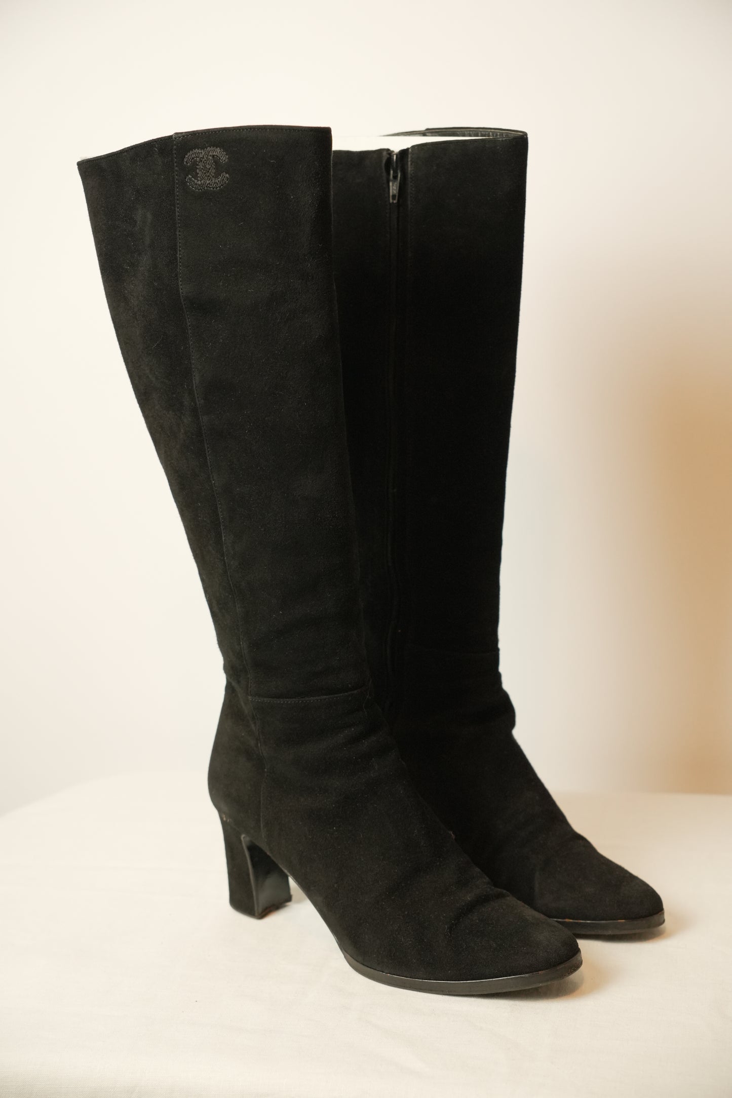 Chanel Suede Long Boots w Logo Sz 38