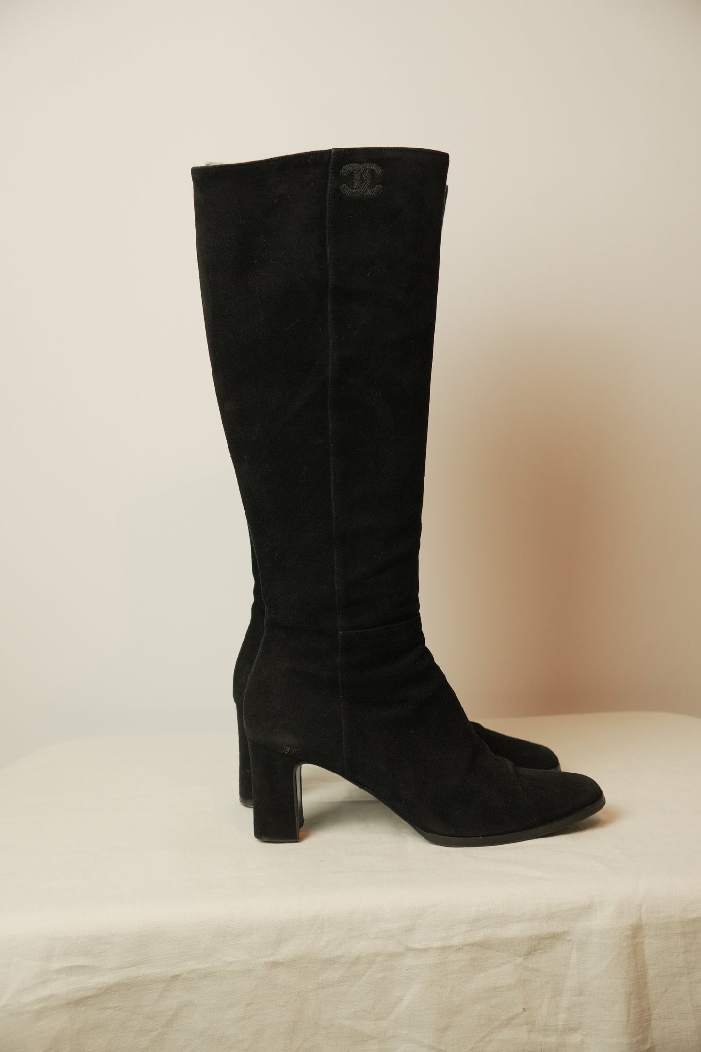 Chanel Suede Long Boots w Logo Sz 38