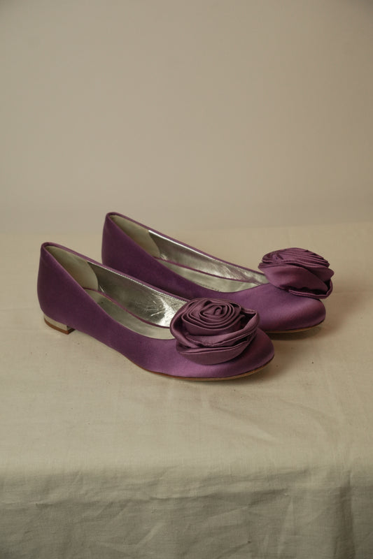 Giuseppe Zanotti Satin Flower Motif Purple Flats Sz 38 BNWB