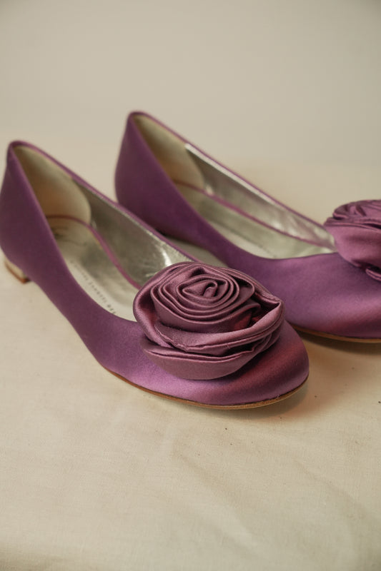Giuseppe Zanotti Satin Flower Motif Purple Flats Sz 38 BNWB