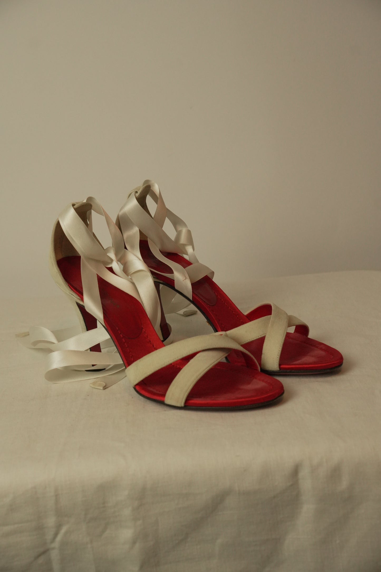 Dolce & Gabbana White Velvet Lace Up Ribbon Sandal Heels