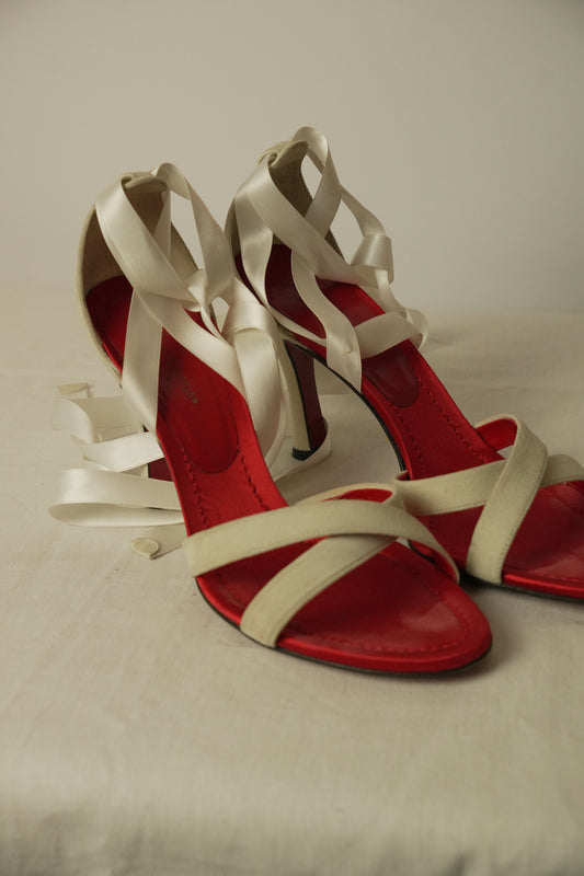 Dolce & Gabbana White Velvet Lace Up Ribbon Sandal Heels