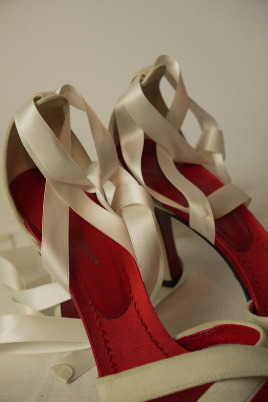 Dolce & Gabbana White Velvet Lace Up Ribbon Sandal Heels