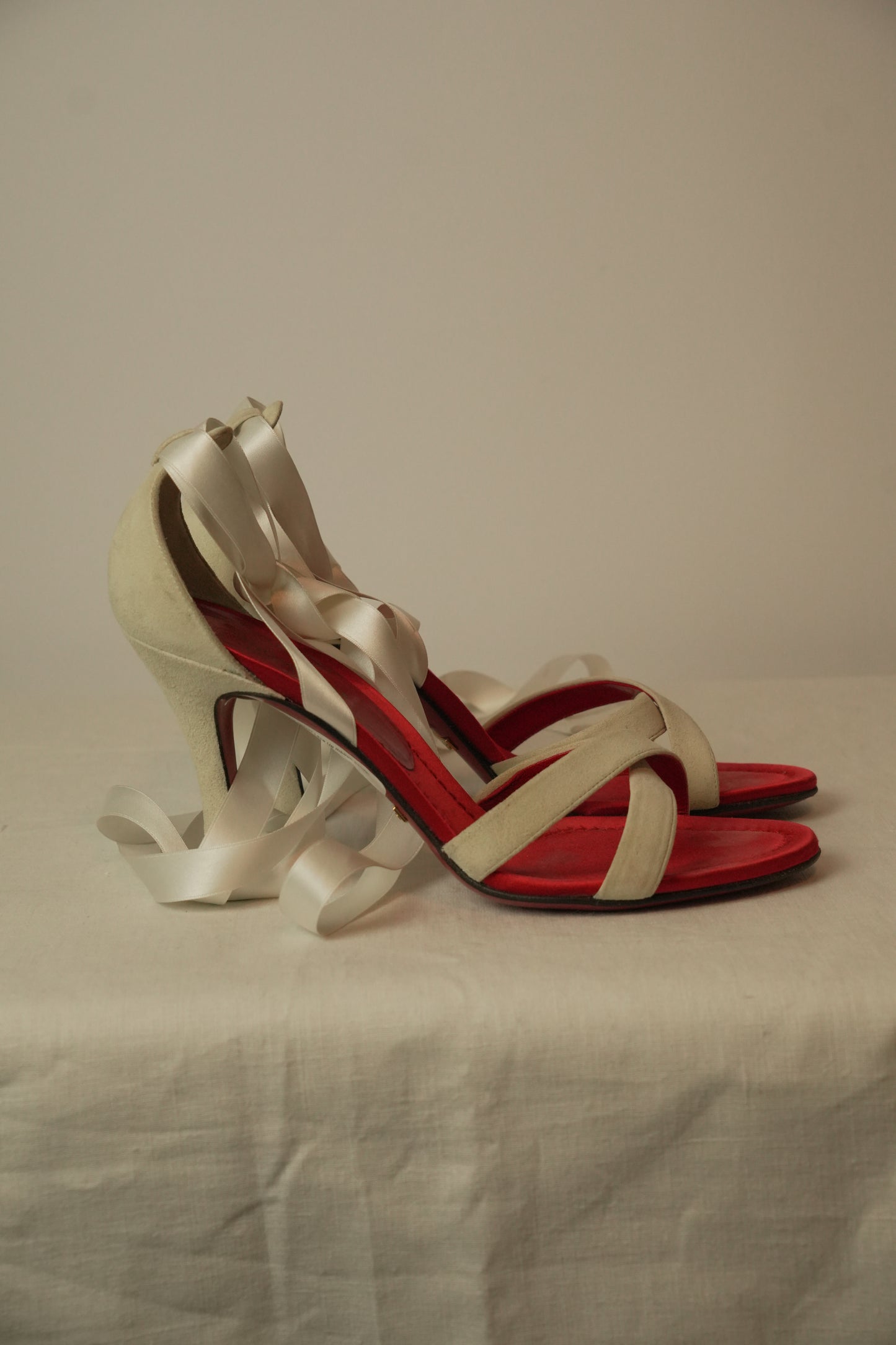 Dolce & Gabbana White Velvet Lace Up Ribbon Sandal Heels