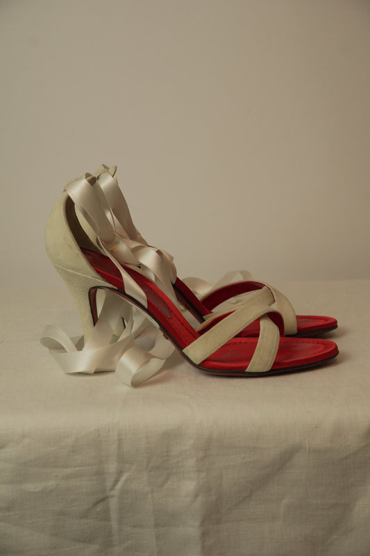 Dolce & Gabbana White Velvet Lace Up Ribbon Sandal Heels