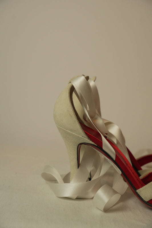 Dolce & Gabbana White Velvet Lace Up Ribbon Sandal Heels