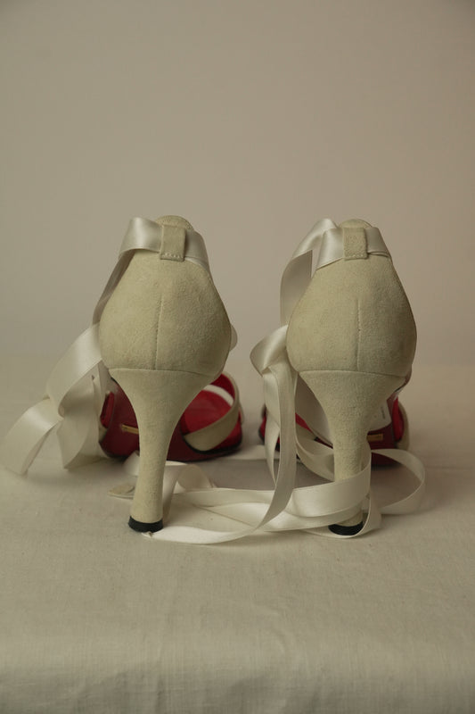 Dolce & Gabbana White Velvet Lace Up Ribbon Sandal Heels