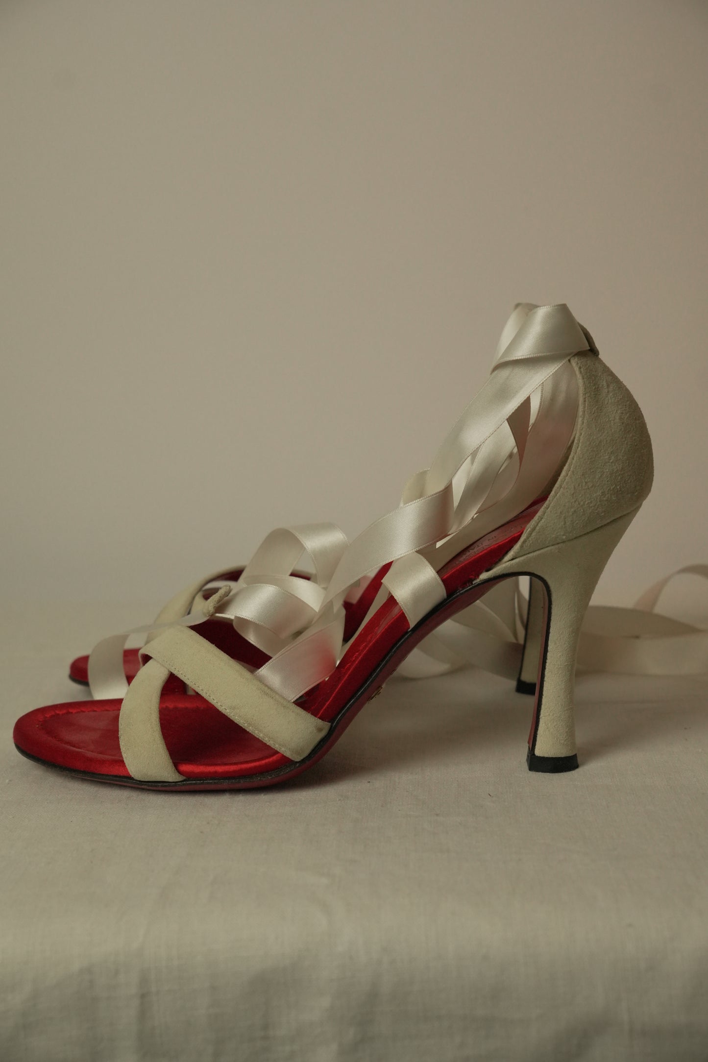 Dolce & Gabbana White Velvet Lace Up Ribbon Sandal Heels