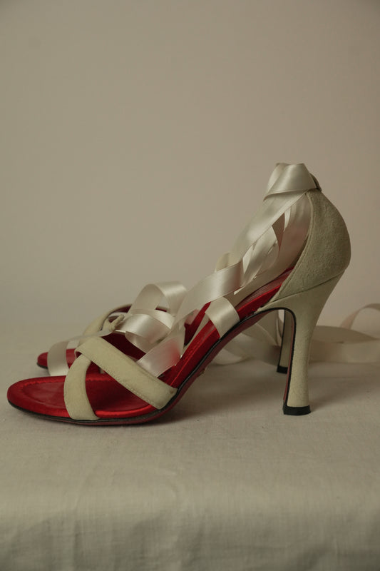 Dolce & Gabbana White Velvet Lace Up Ribbon Sandal Heels