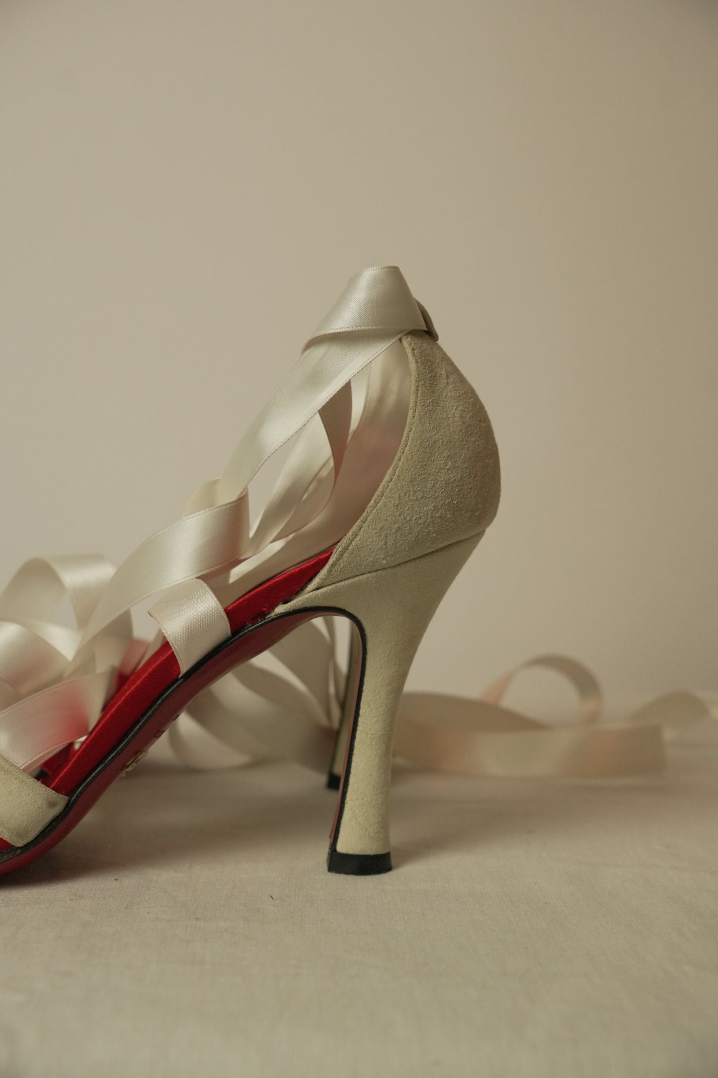 Dolce & Gabbana White Velvet Lace Up Ribbon Sandal Heels