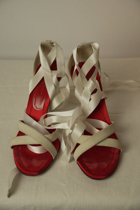 Dolce & Gabbana White Velvet Lace Up Ribbon Sandal Heels