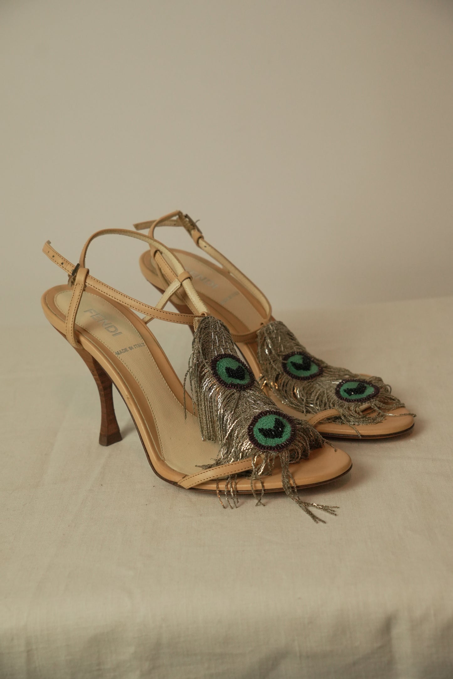 Fendi Beige Leather Metal Peacock Feather T Strap Sandal Sz 35.5