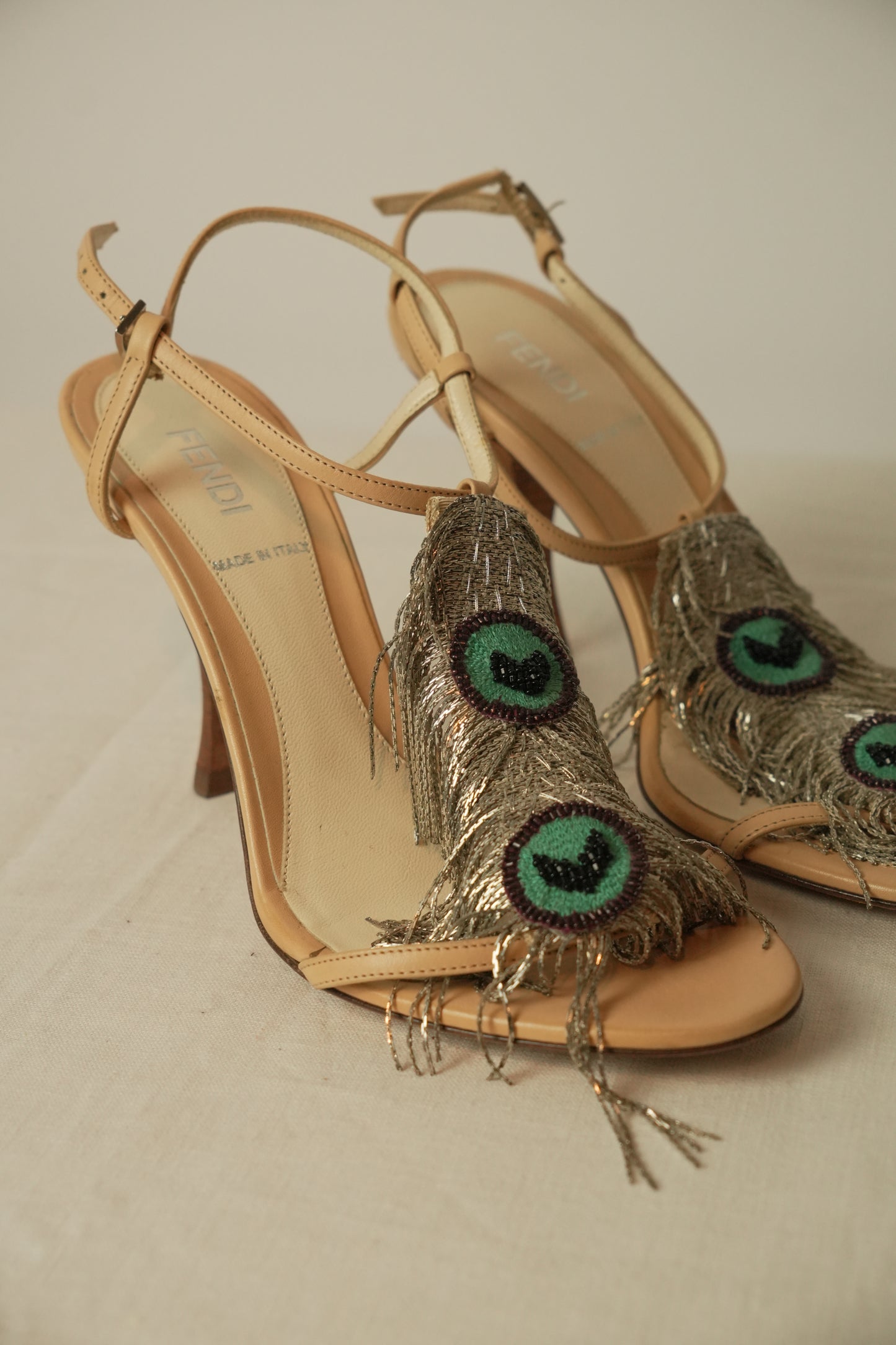 Fendi Beige Leather Metal Peacock Feather T Strap Sandal Sz 35.5