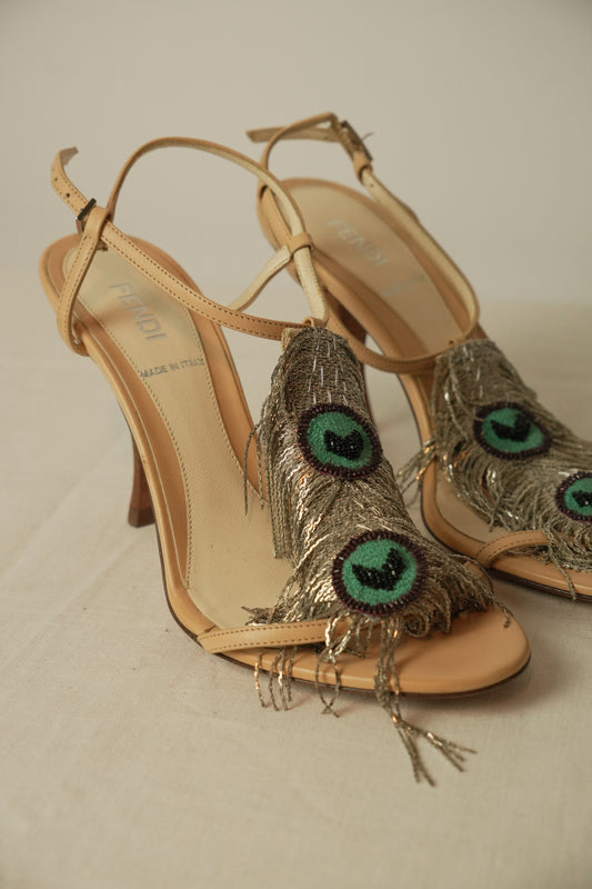 Fendi Beige Leather Metal Peacock Feather T Strap Sandal Sz 35.5