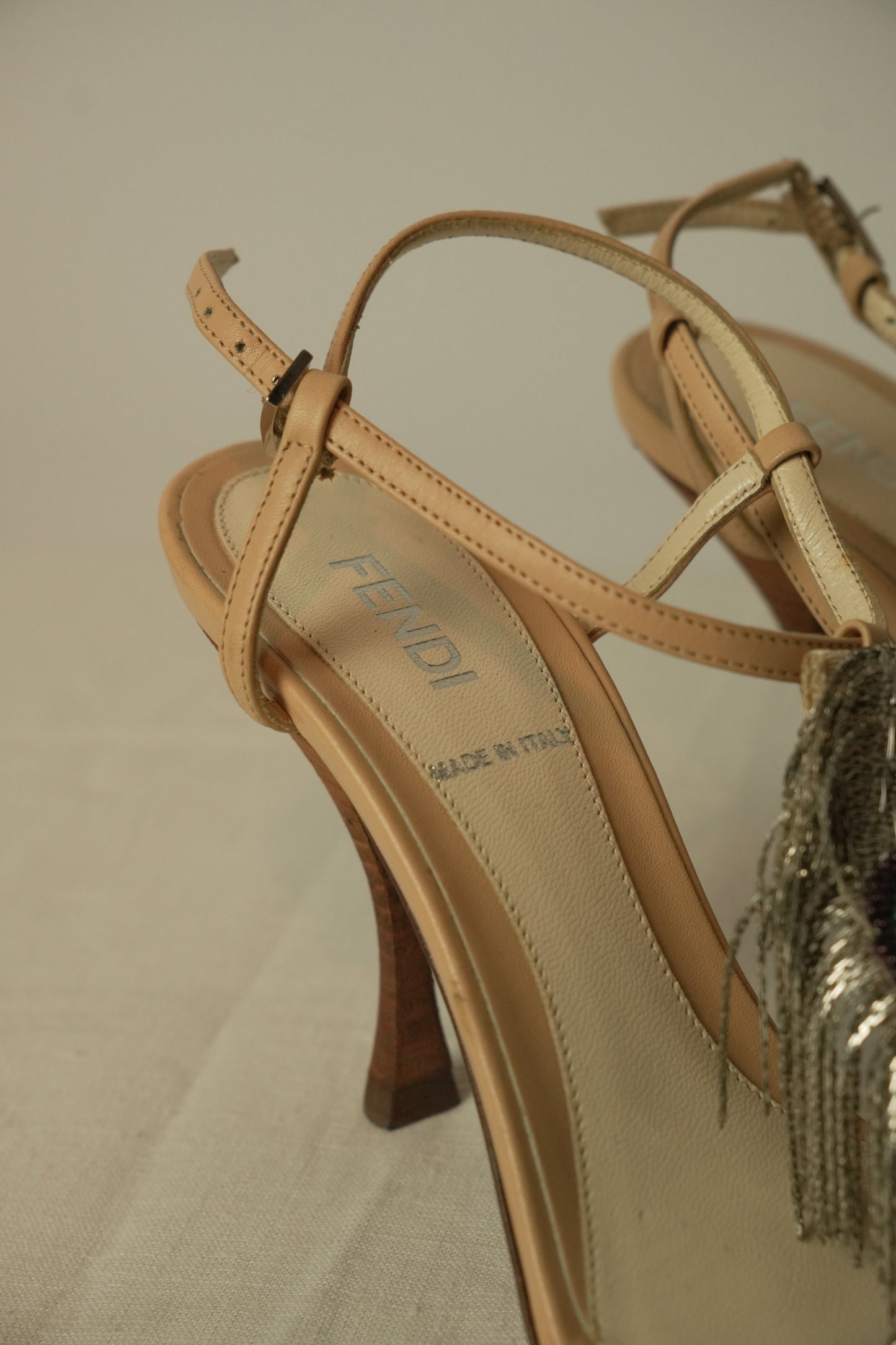Fendi Beige Leather Metal Peacock Feather T Strap Sandal Sz 35.5