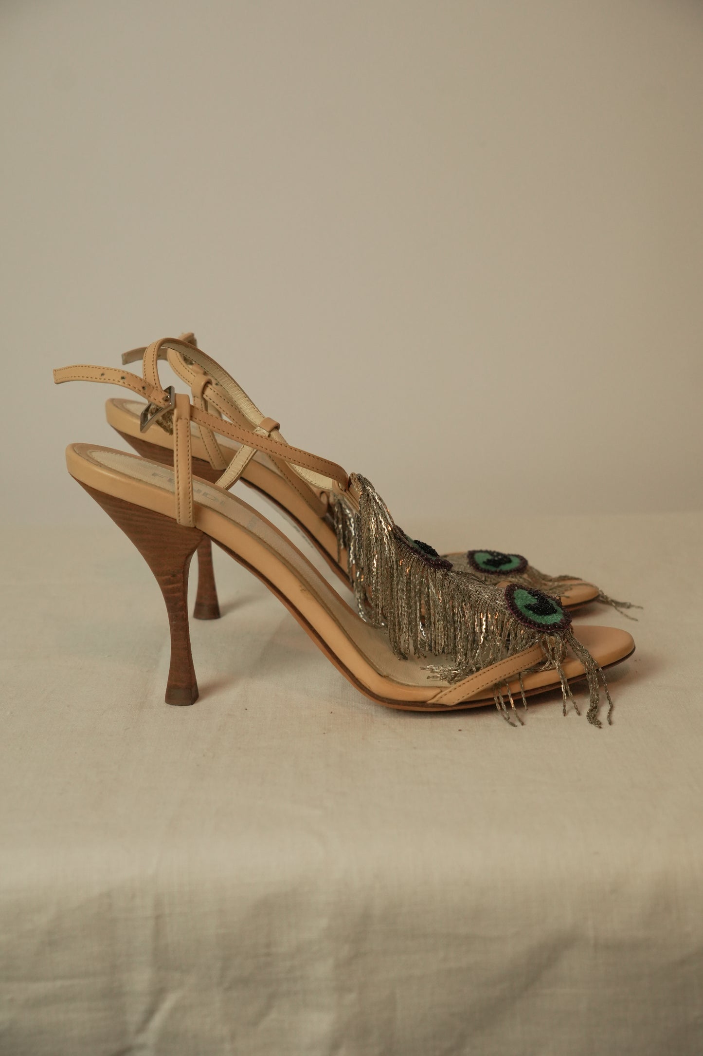 Fendi Beige Leather Metal Peacock Feather T Strap Sandal Sz 35.5