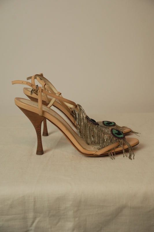 Fendi Beige Leather Metal Peacock Feather T Strap Sandal Sz 35.5
