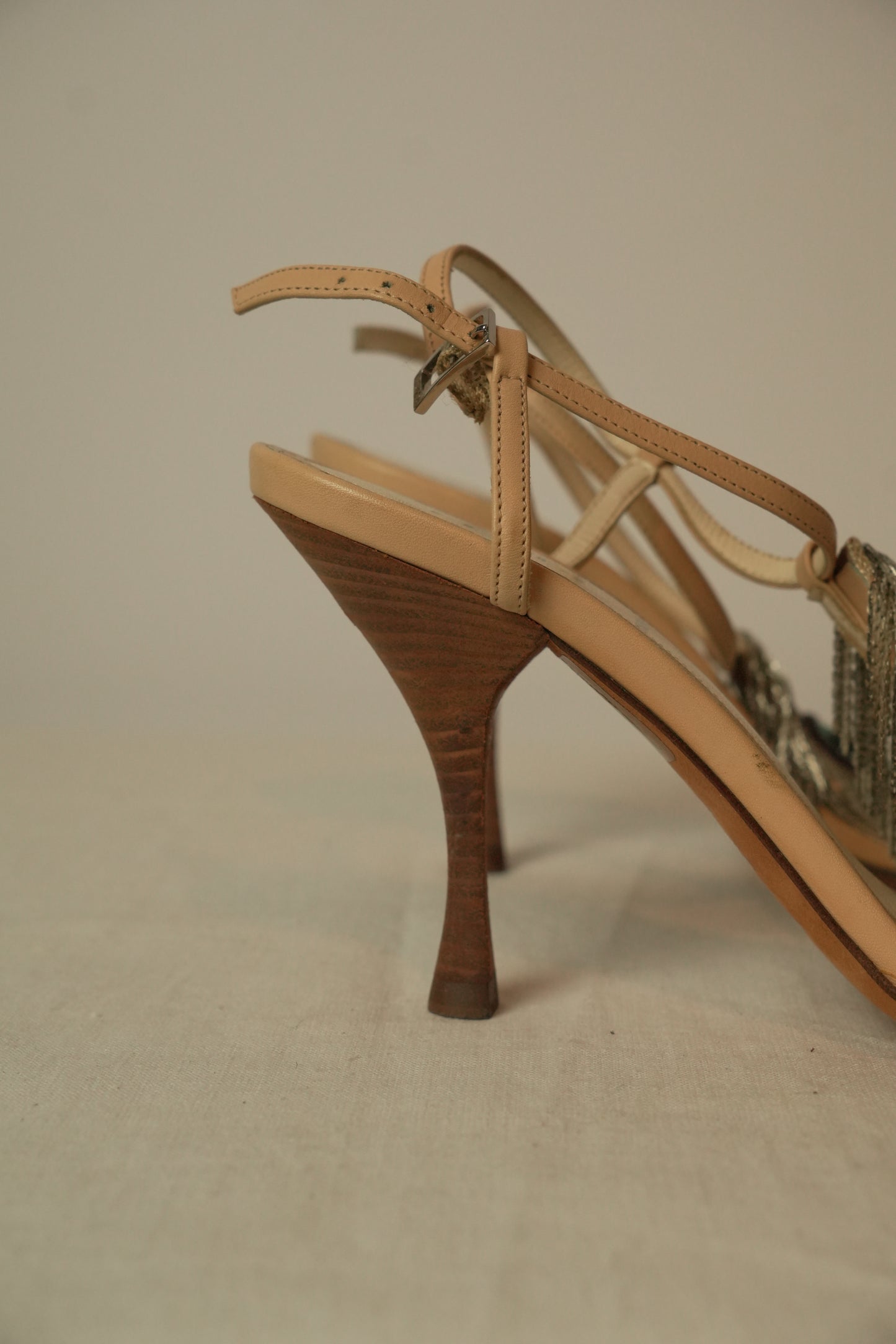 Fendi Beige Leather Metal Peacock Feather T Strap Sandal Sz 35.5
