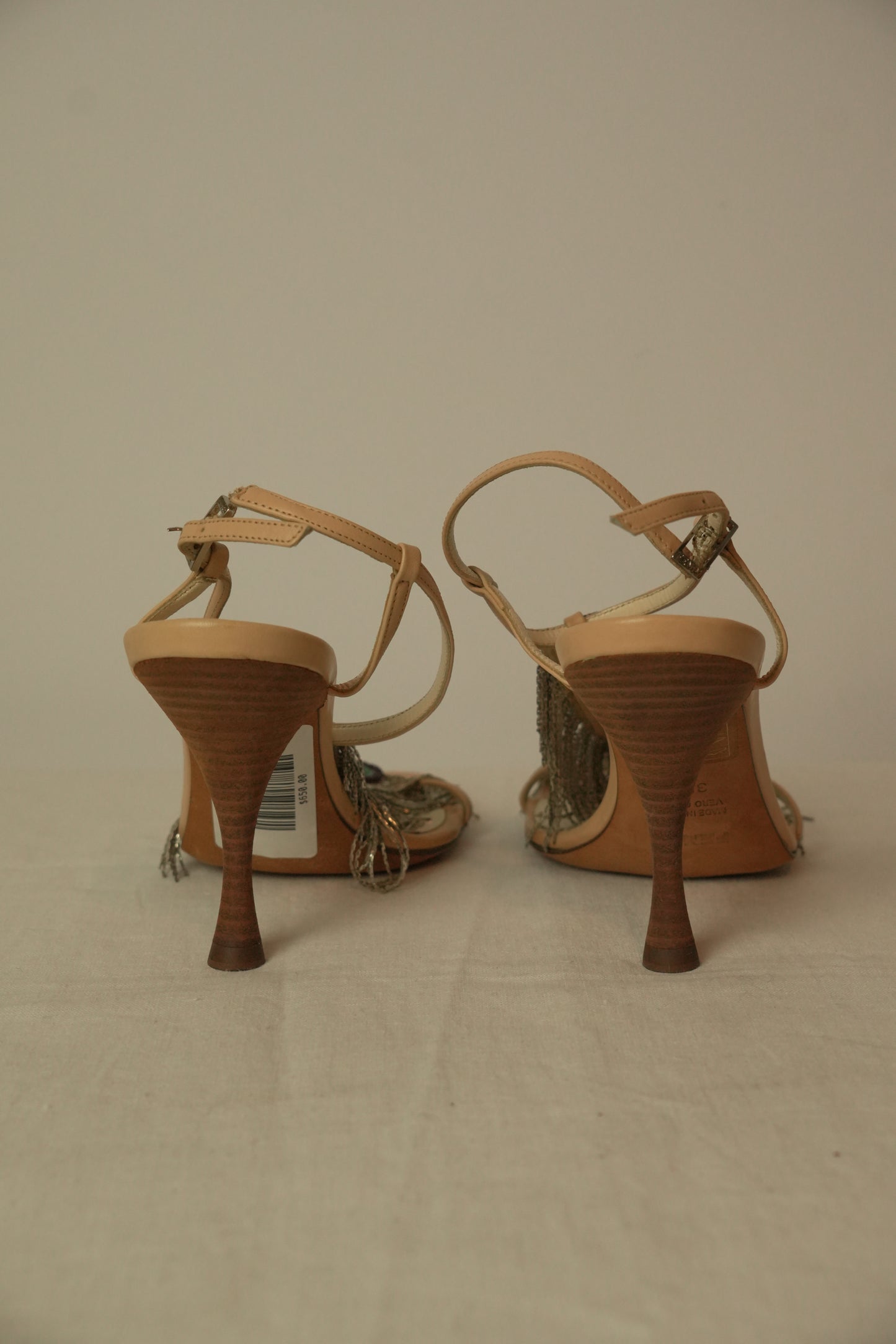 Fendi Beige Leather Metal Peacock Feather T Strap Sandal Sz 35.5