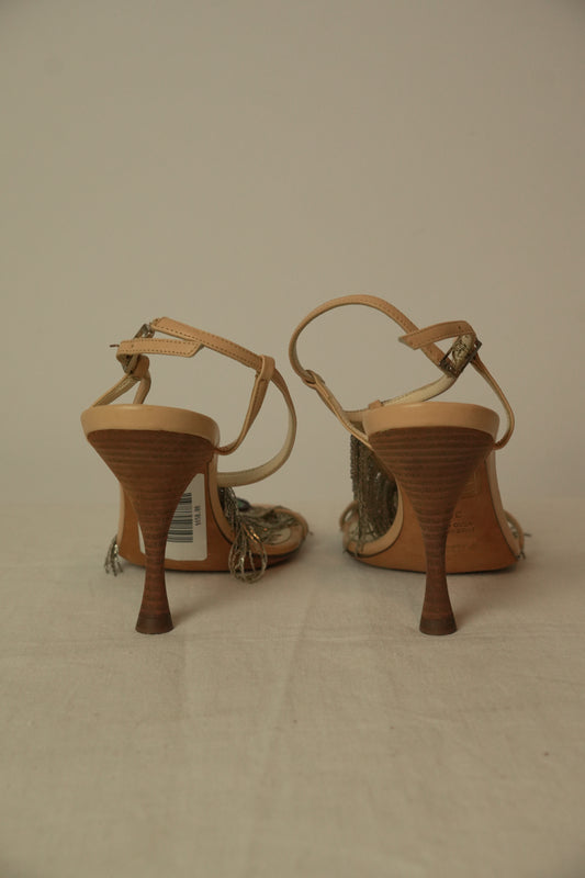 Fendi Beige Leather Metal Peacock Feather T Strap Sandal Sz 35.5