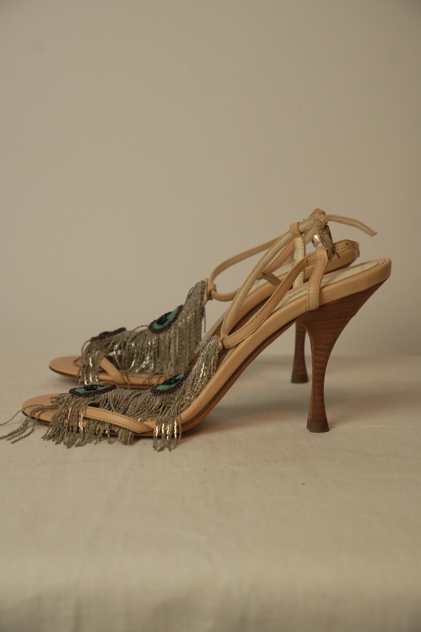 Fendi Beige Leather Metal Peacock Feather T Strap Sandal Sz 35.5