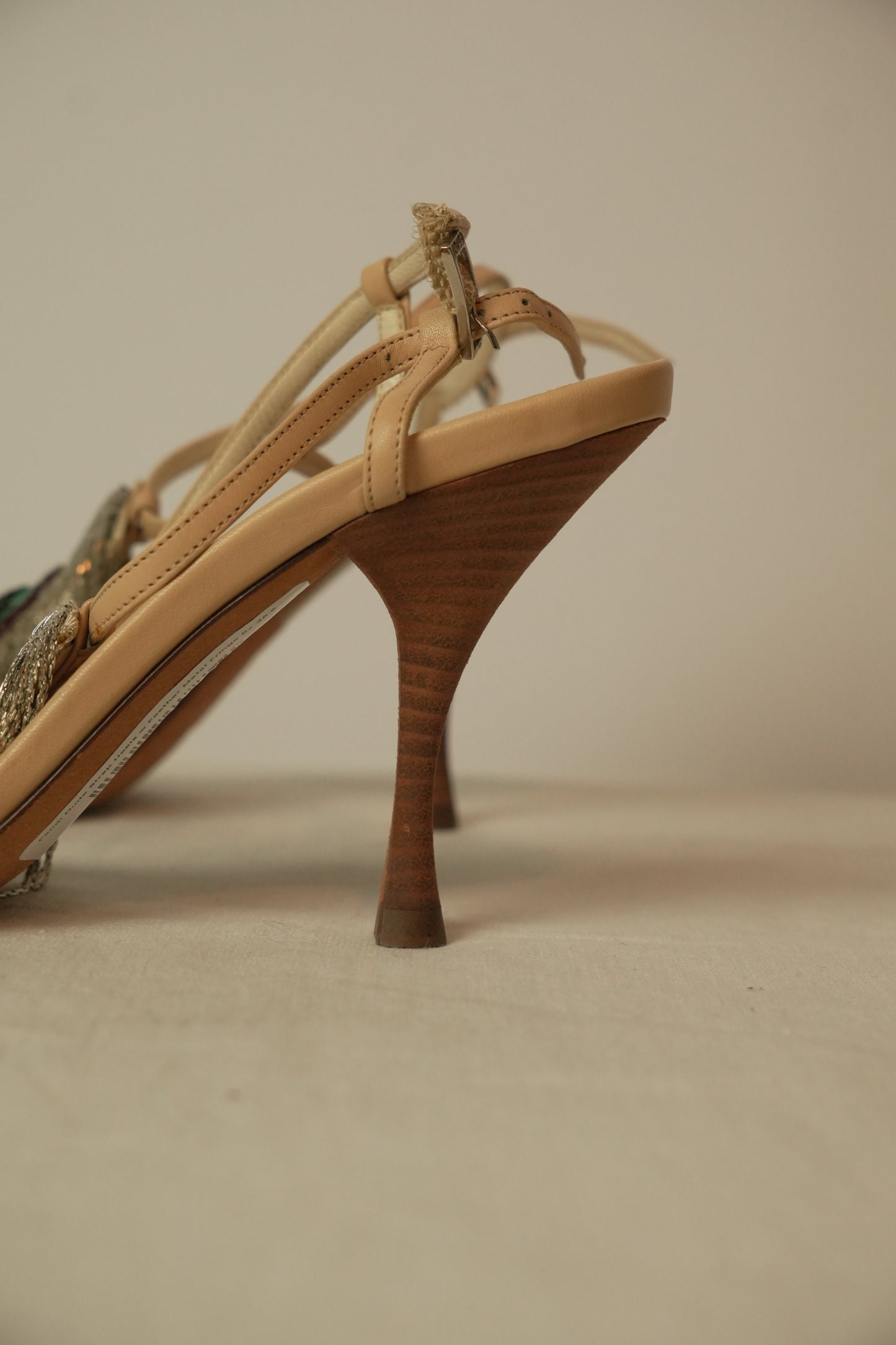Fendi Beige Leather Metal Peacock Feather T Strap Sandal Sz 35.5