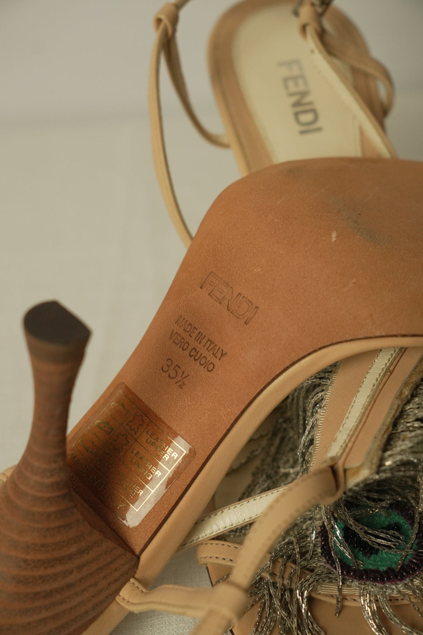 Fendi Beige Leather Metal Peacock Feather T Strap Sandal Sz 35.5