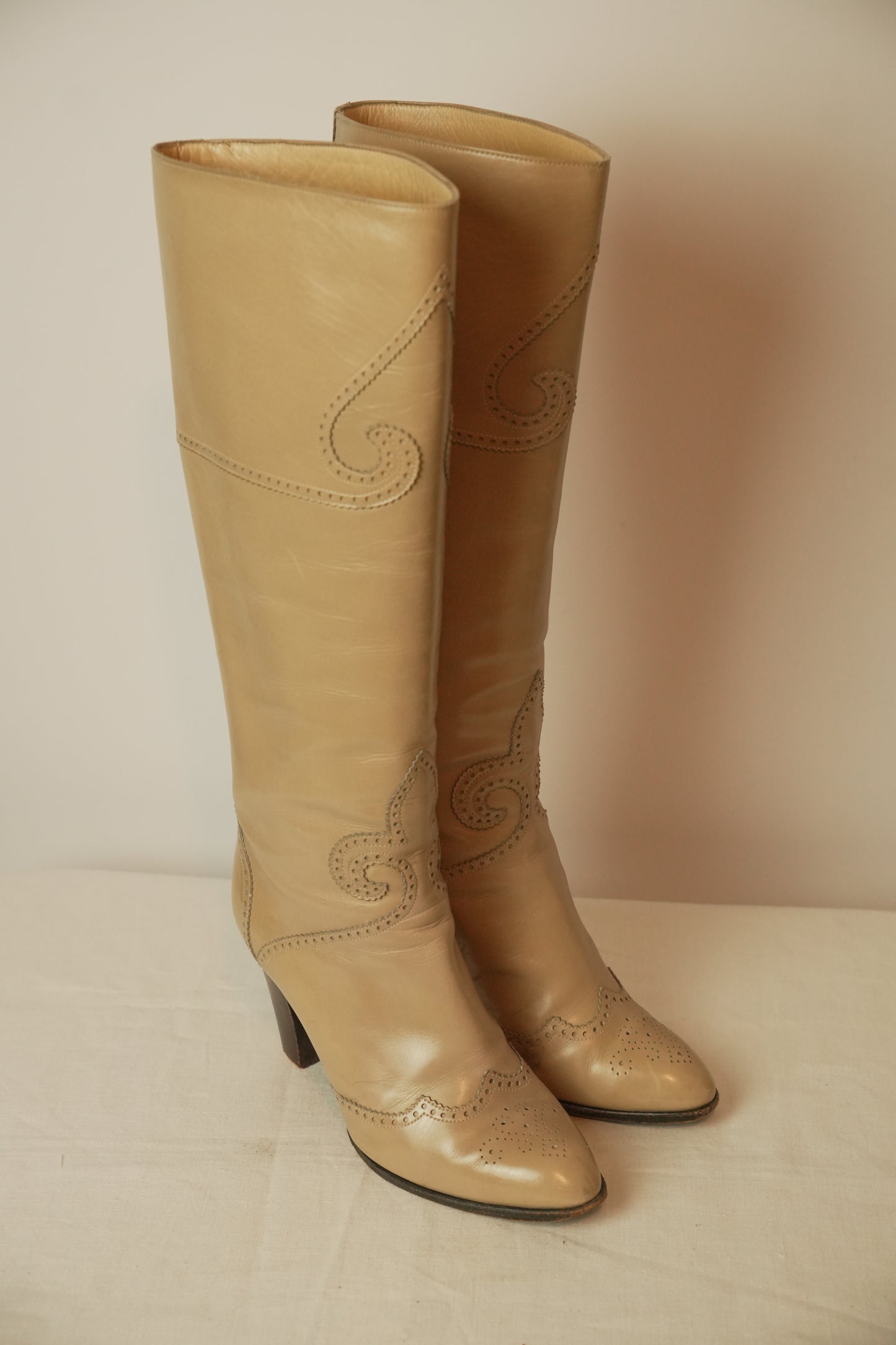 Yves Saint Laurent Cream Beige Western Embroidered Leather Knee Boots Sz 35