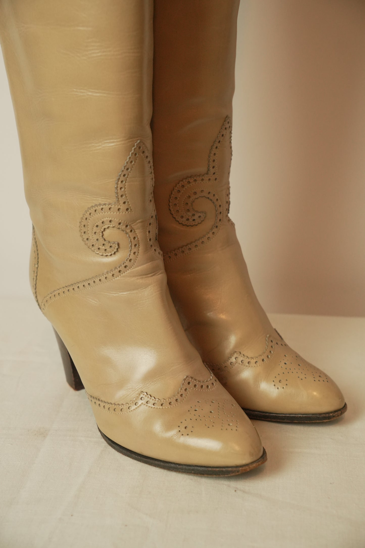 Yves Saint Laurent Cream Beige Western Embroidered Leather Knee Boots Sz 35