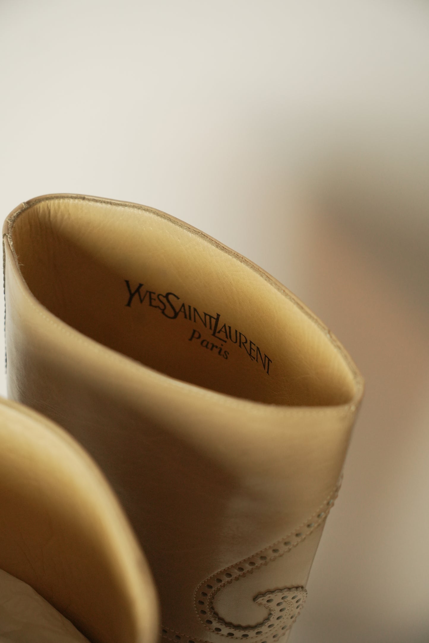 Yves Saint Laurent Cream Beige Western Embroidered Leather Knee Boots Sz 35