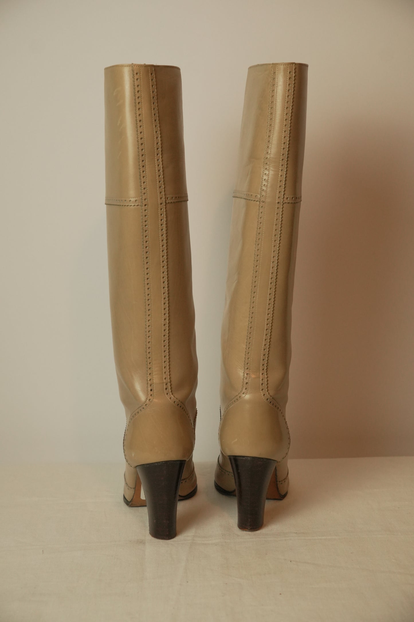 Yves Saint Laurent Cream Beige Western Embroidered Leather Knee Boots Sz 35