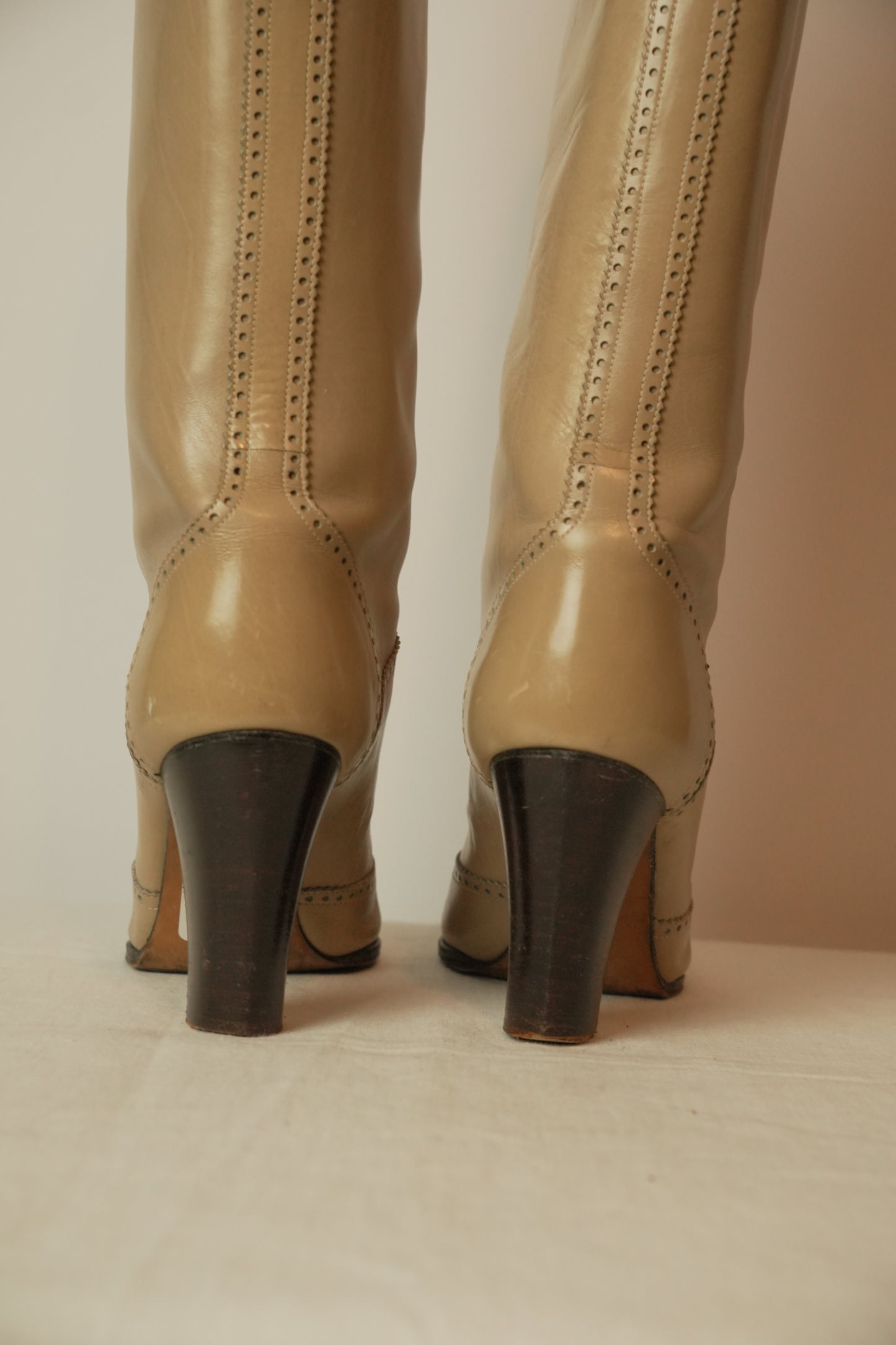 Yves Saint Laurent Cream Beige Western Embroidered Leather Knee Boots Sz 35