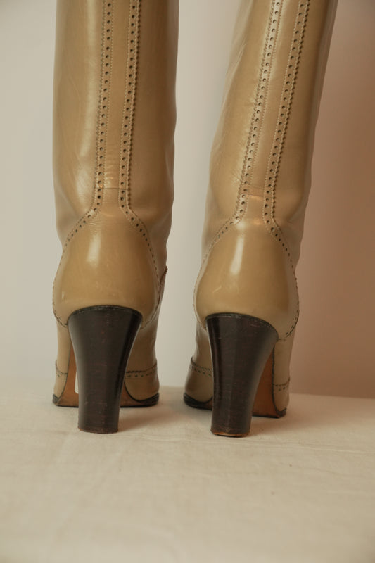 Yves Saint Laurent Cream Beige Western Embroidered Leather Knee Boots Sz 35