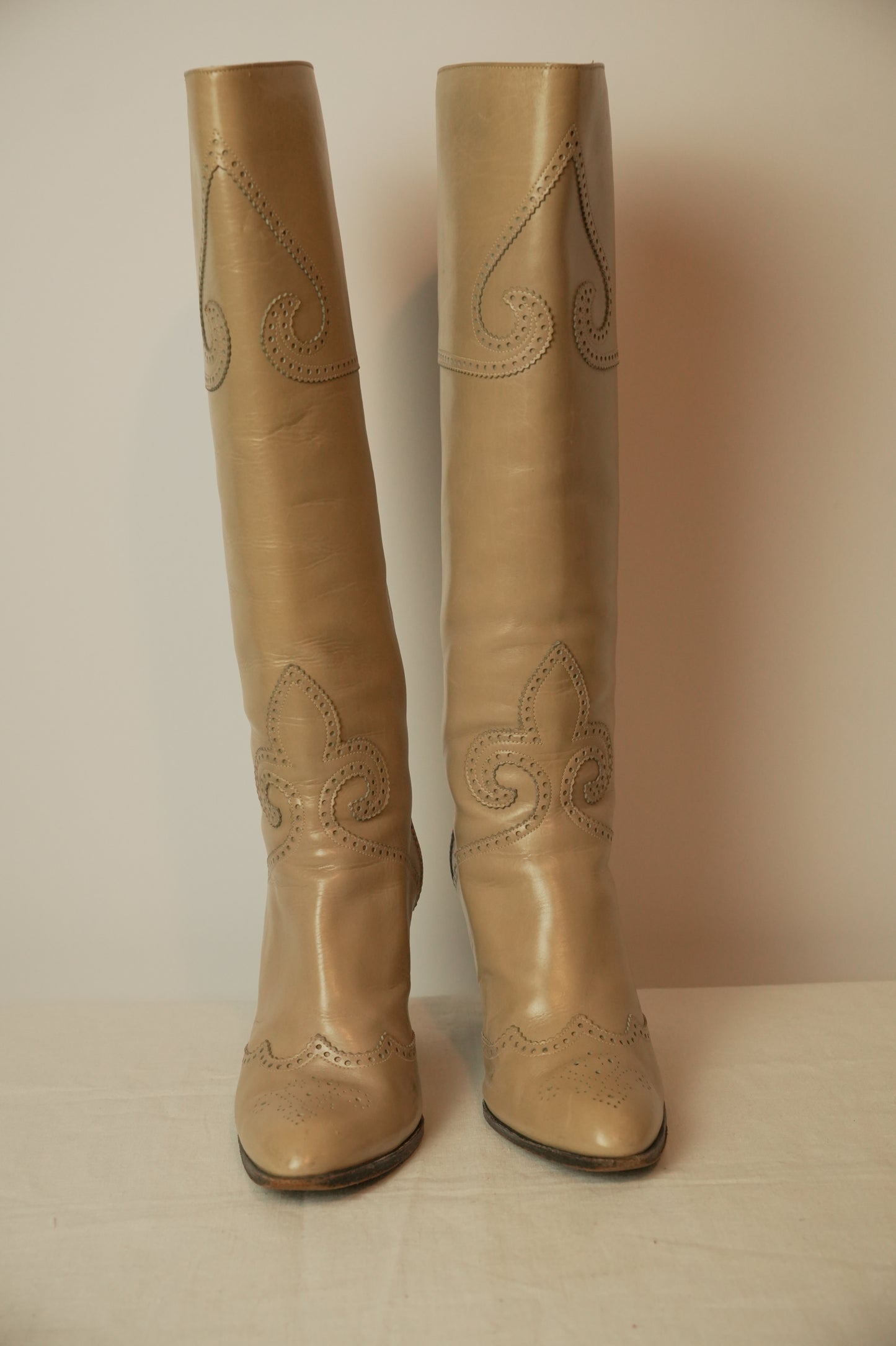Yves Saint Laurent Cream Beige Western Embroidered Leather Knee Boots Sz 35