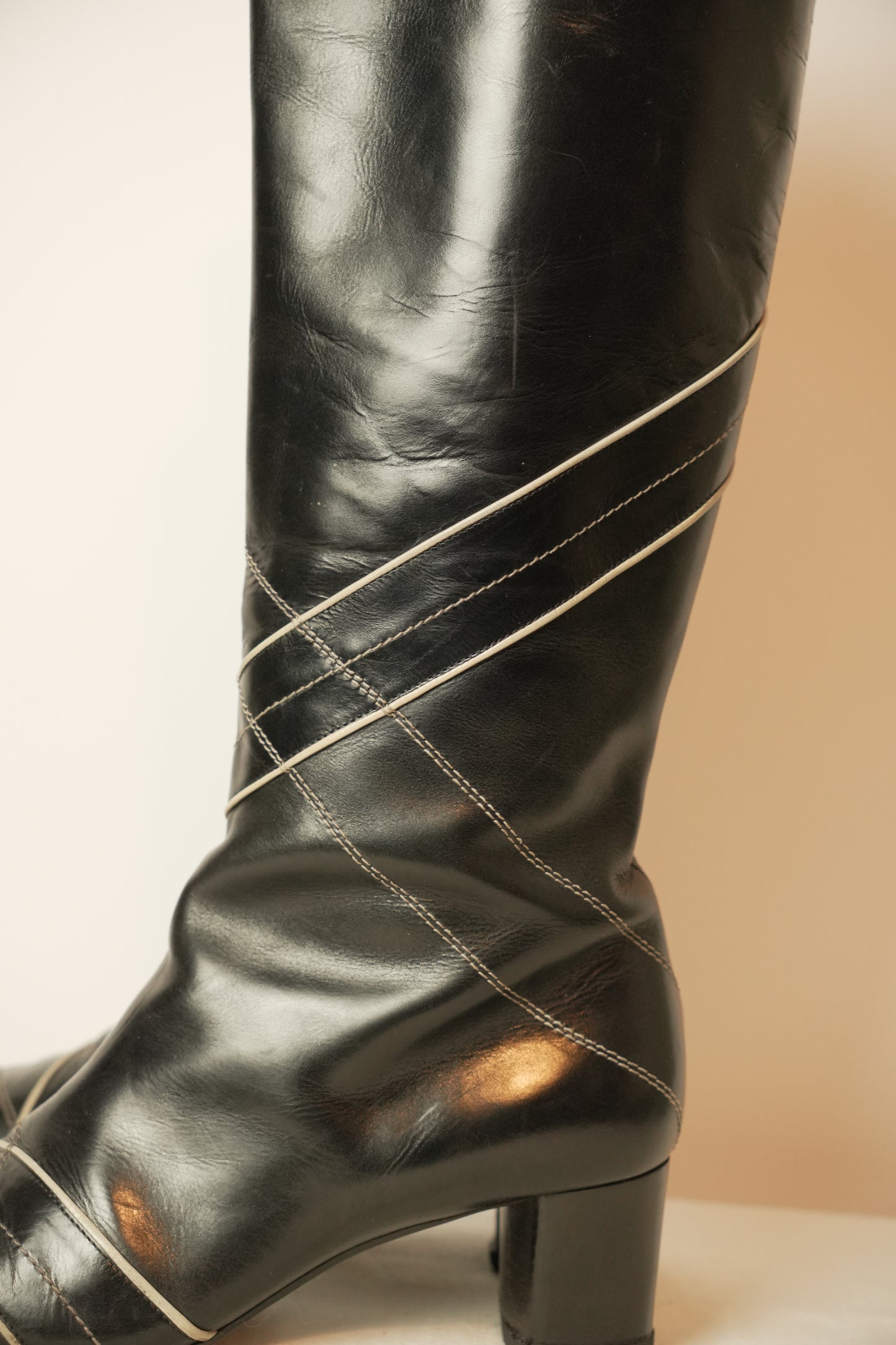Bally Knee High Boots w White Piping